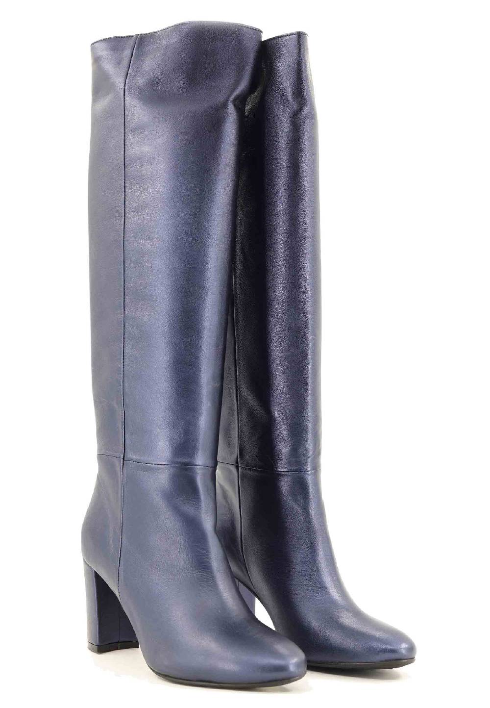 L'ARIANNA Stivali ST1689 a tubo in pelle lamin blu con punta tonda Vendite Flash