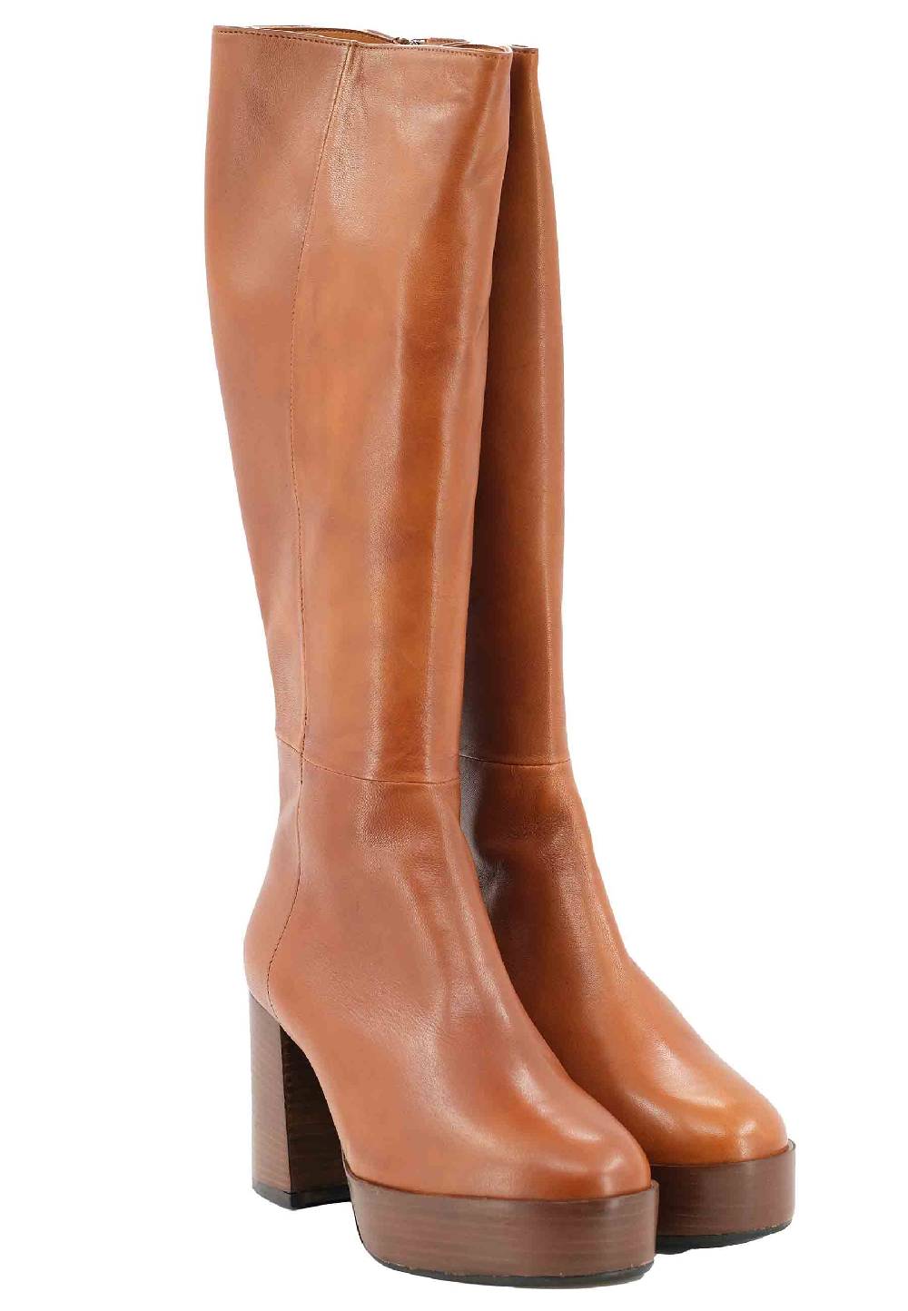 L'ARIANNA Stivali ST1557 in pelle cuoio con tacco e plateau Moda