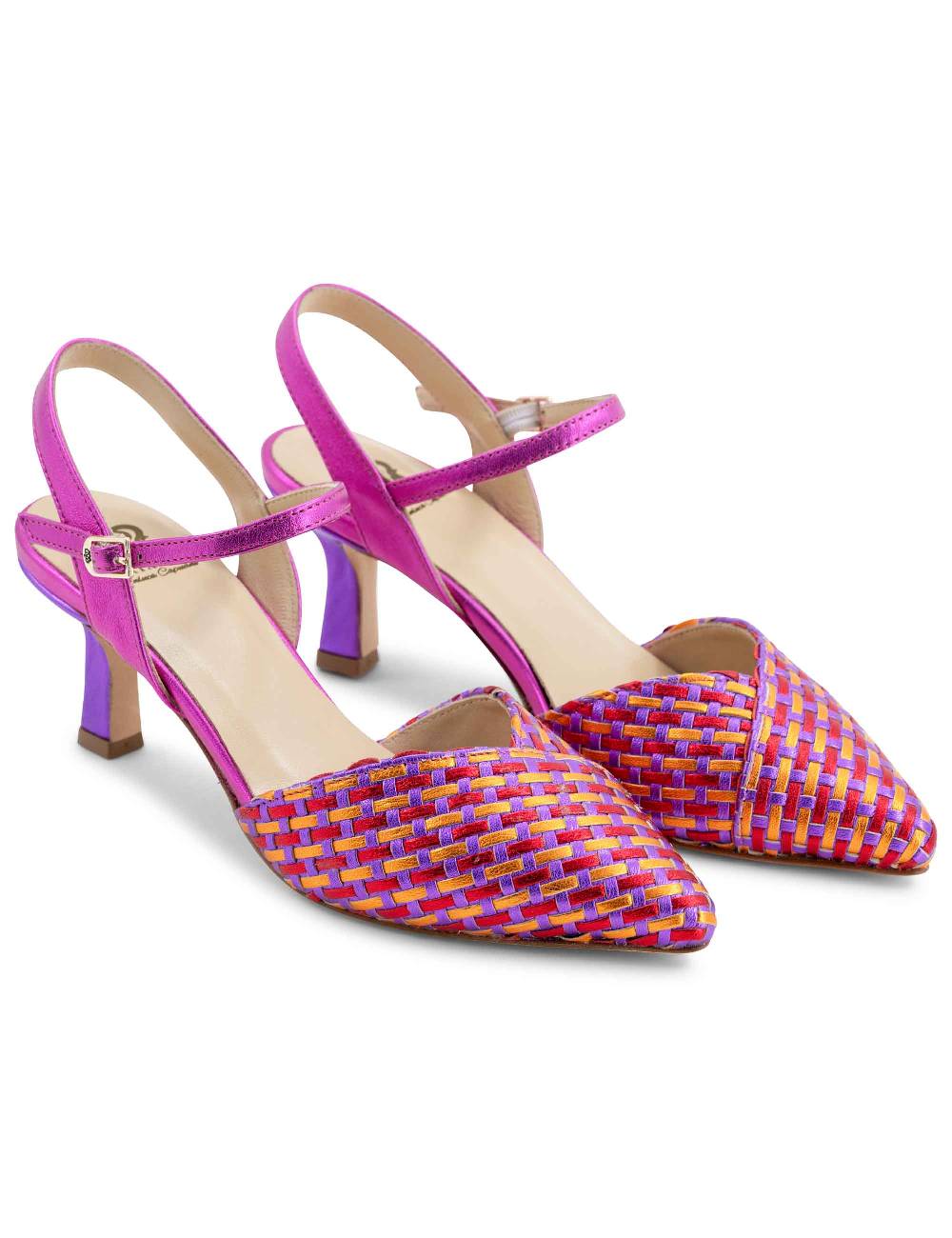 L'ARIANNA Decollete DE1540/rt da donna in pelle viola arancio e fucsia con cinturino alla caviglia Vendita Economica