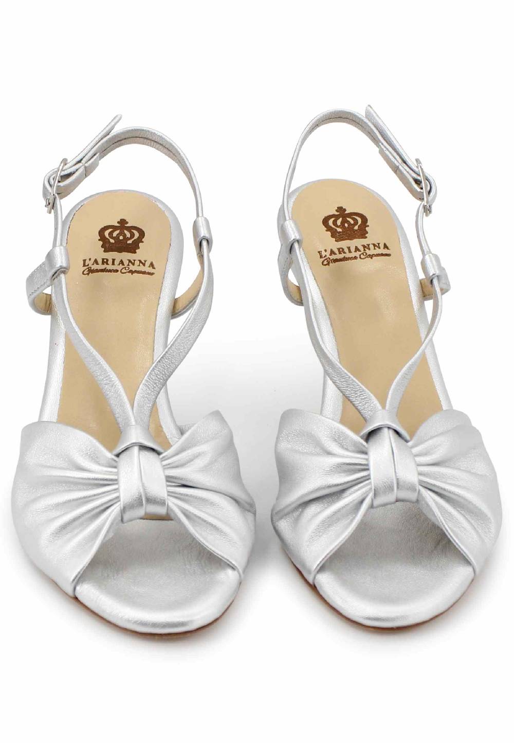 L'ARIANNA Sandali slingback donna in pelle argento con suola in cuoio Sottocosto