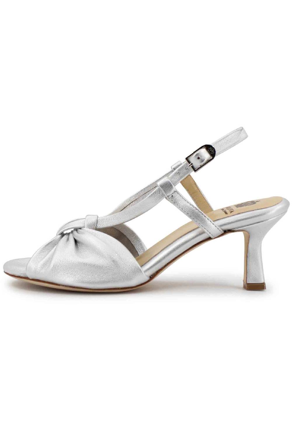 L'ARIANNA Sandali slingback donna in pelle argento con suola in cuoio Sottocosto