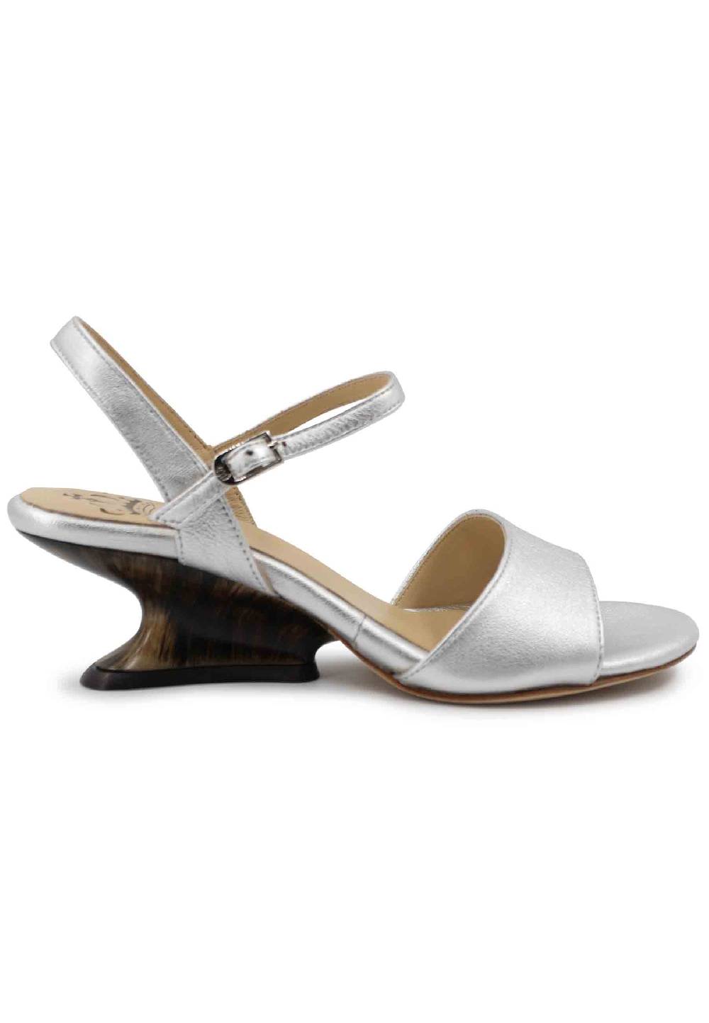 L'ARIANNA Sandali donna in pelle laminata argento con zeppa bassa
