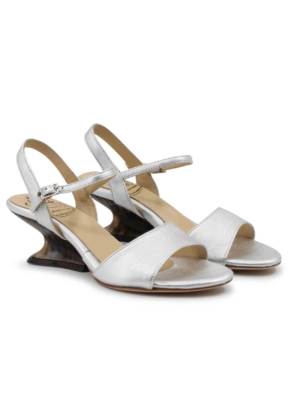 L'ARIANNA Sandali donna in pelle laminata argento con zeppa bassa Sconto