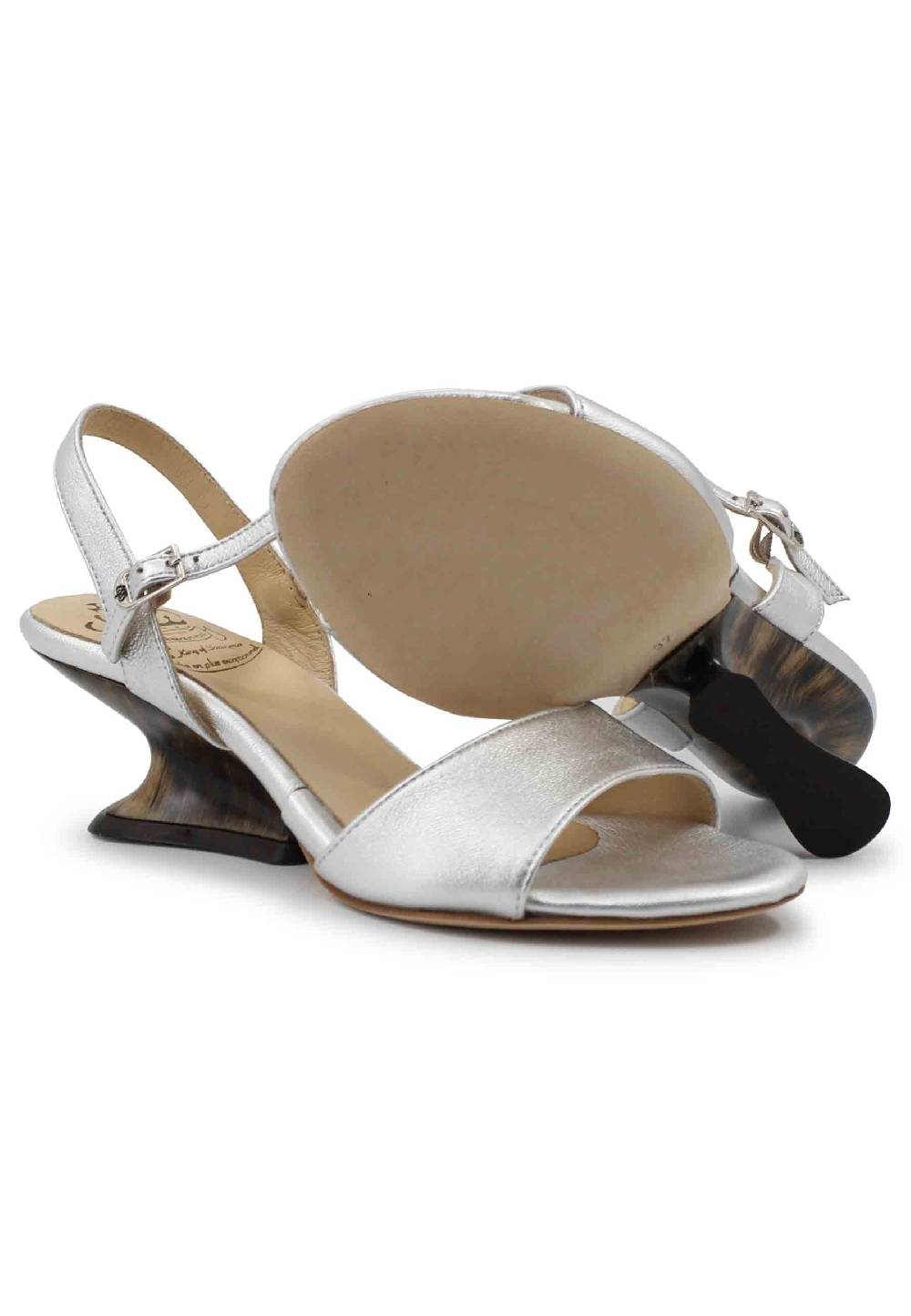 L'ARIANNA Sandali donna in pelle laminata argento con zeppa bassa Sconto