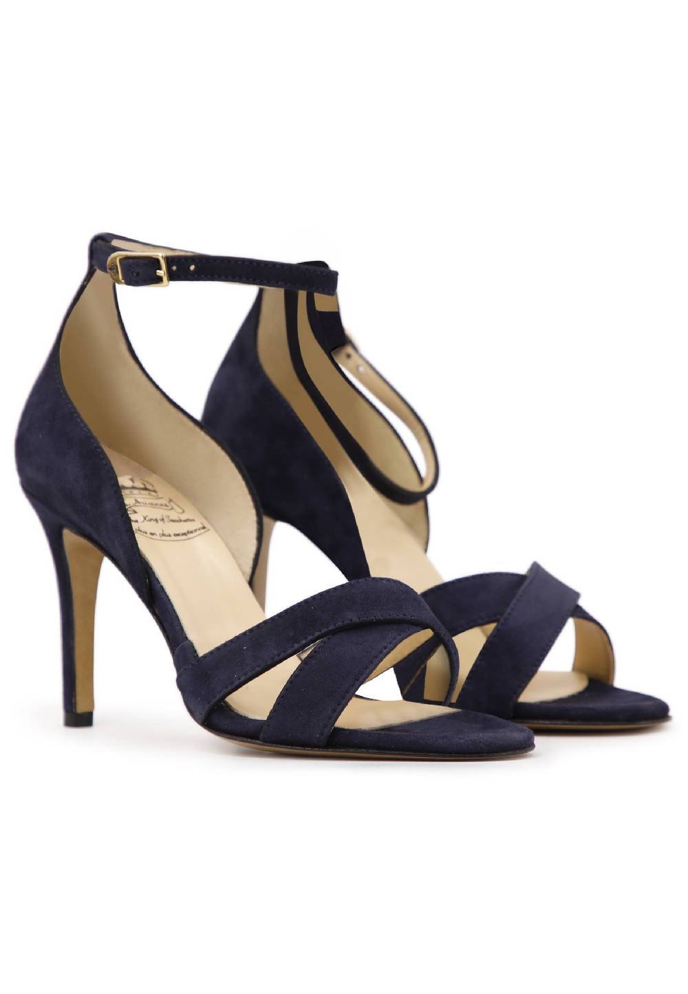 L'ARIANNA Sandali donna in camoscio blu con tacco alto e cinturino alla caviglia Offerta