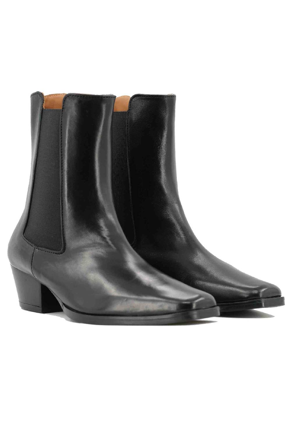 L'ARIANNA Stivaletti BT1695 boot donna in pelle nera punta quadra con tacco in cuoio Offerta temporanea