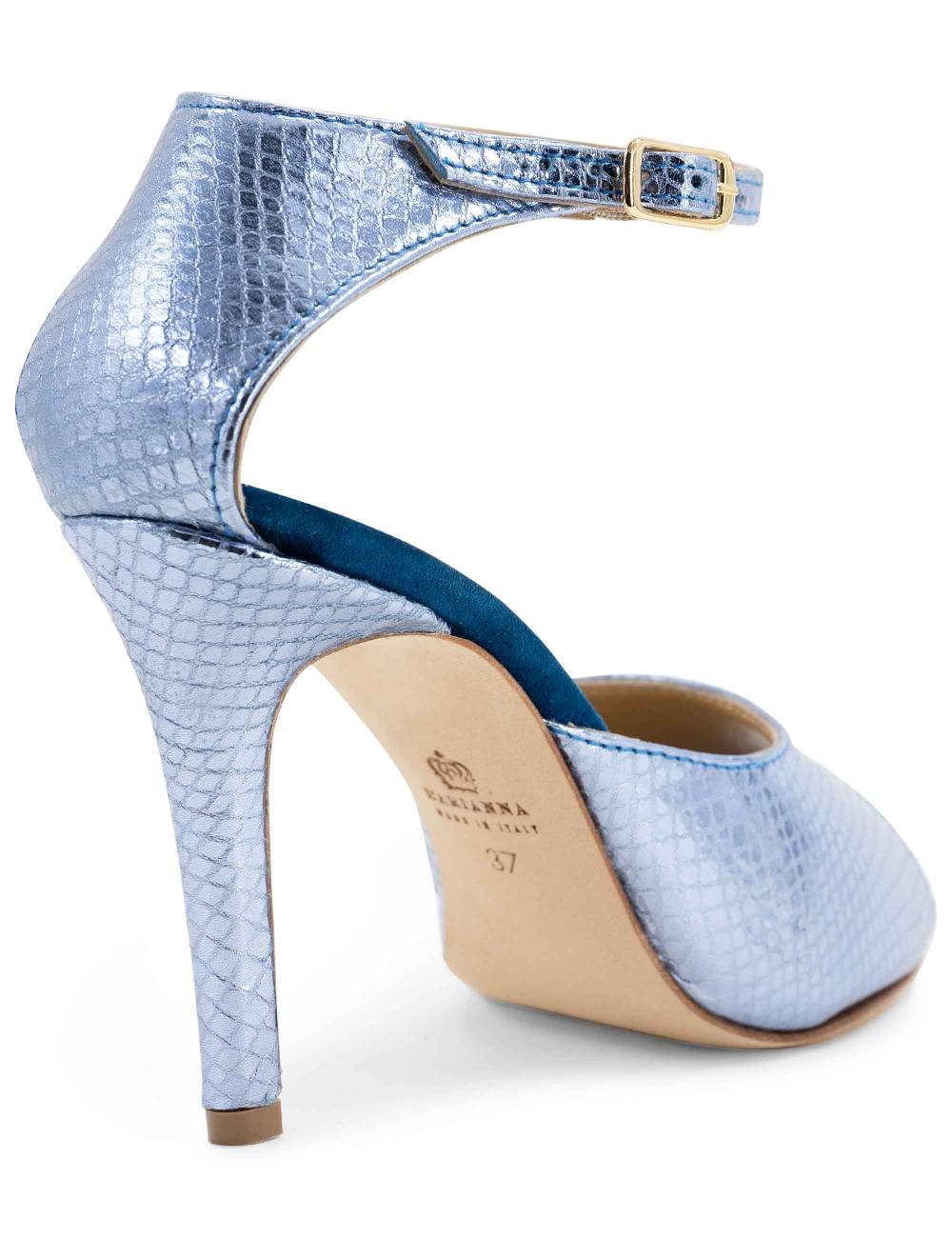 L'ARIANNA Sandali DS1518 donna in pelle laminata jeans effetto rettile e camoscio oceano con tacco alto e cinturino alla caviglia L'Arianna Offerte stagionali