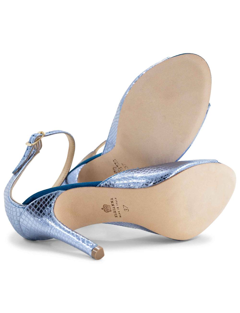 L'ARIANNA Sandali DS1518 donna in pelle laminata jeans effetto rettile e camoscio oceano con tacco alto e cinturino alla caviglia L'Arianna Offerte stagionali