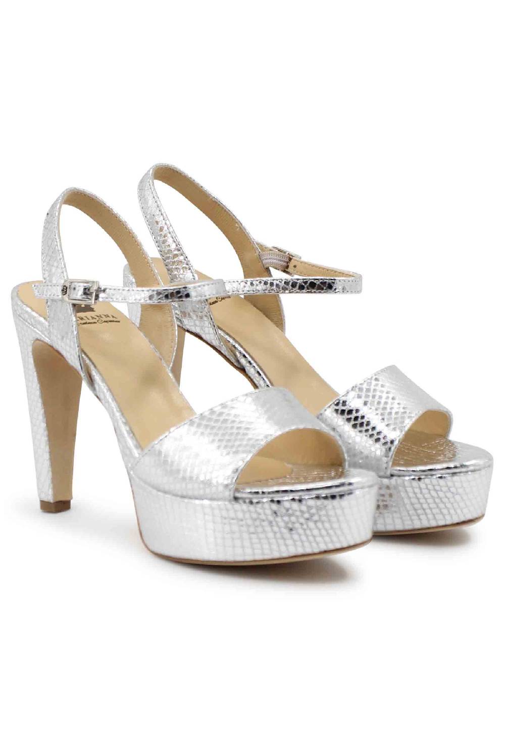 L'ARIANNA Sandali DS1610 donna in pelle laminata stampata argento con tacco alto e plateau Ritorno libero