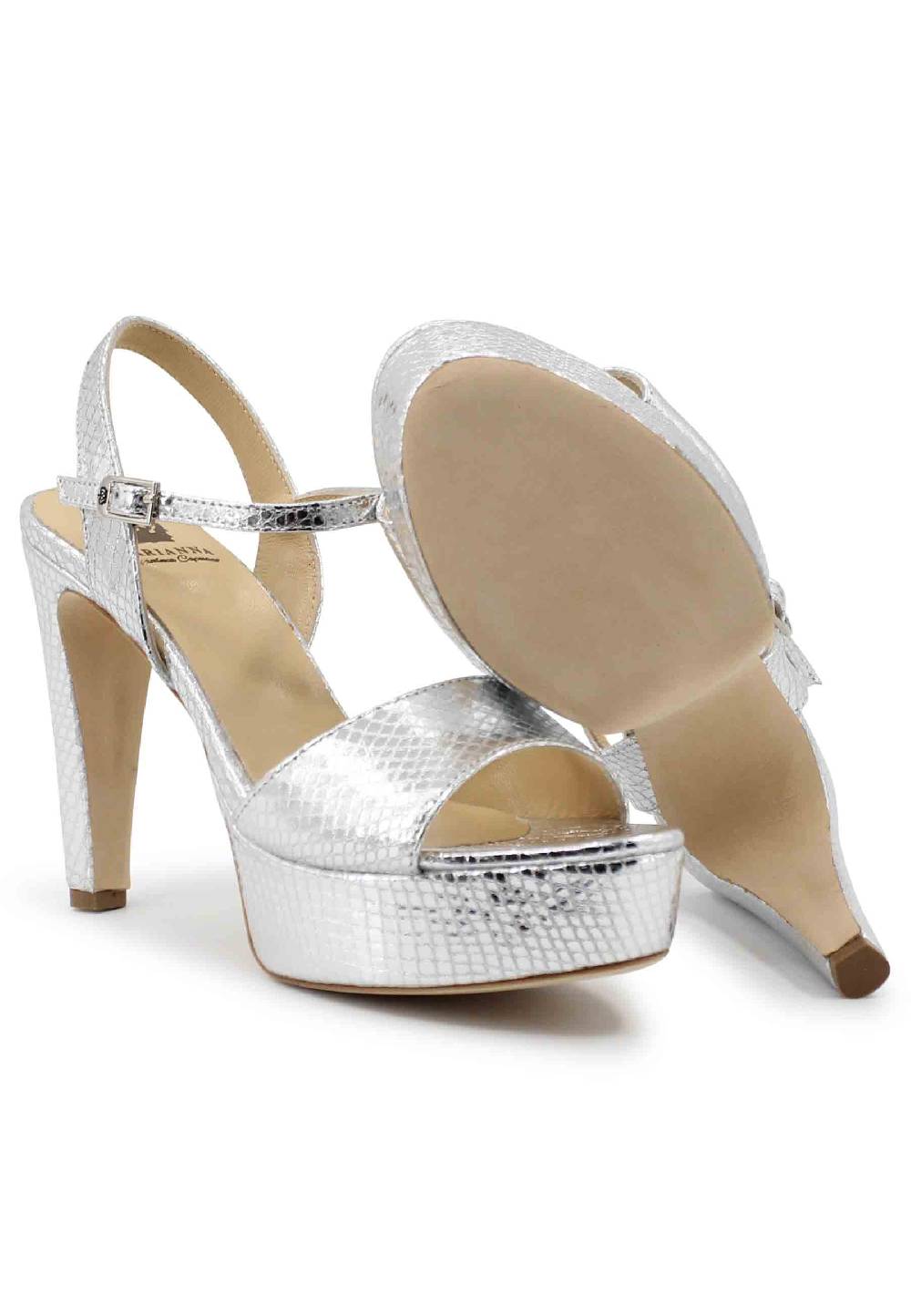 L'ARIANNA Sandali DS1610 donna in pelle laminata stampata argento con tacco alto e plateau Ritorno libero