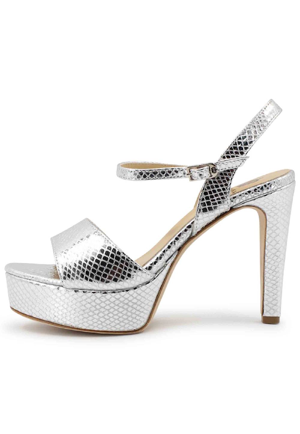 L'ARIANNA Sandali DS1610 donna in pelle laminata stampata argento con tacco alto e plateau Ritorno libero
