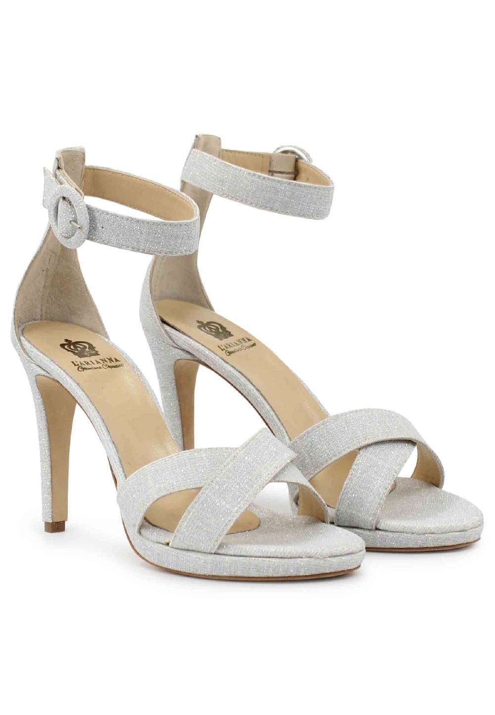 L'ARIANNA Sandali DS1507 donna in tessuto off white con tacco alto e cinturino alla caviglia Ultimi due giorni