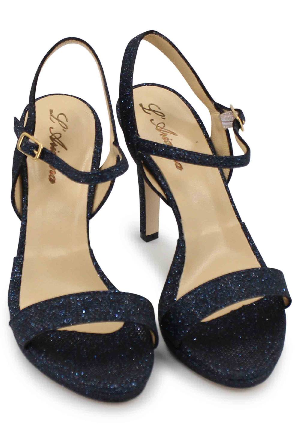 L'ARIANNA Sandali ds7054 donna in glitter blu con tacco alto e cinturino alla caviglia Only for today