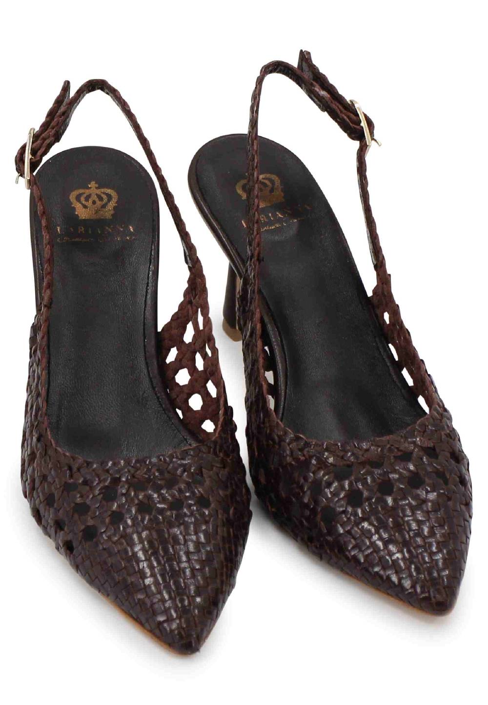 L'ARIANNA Decollete slingback in pelle intrecciata marrone tacco alto Italy