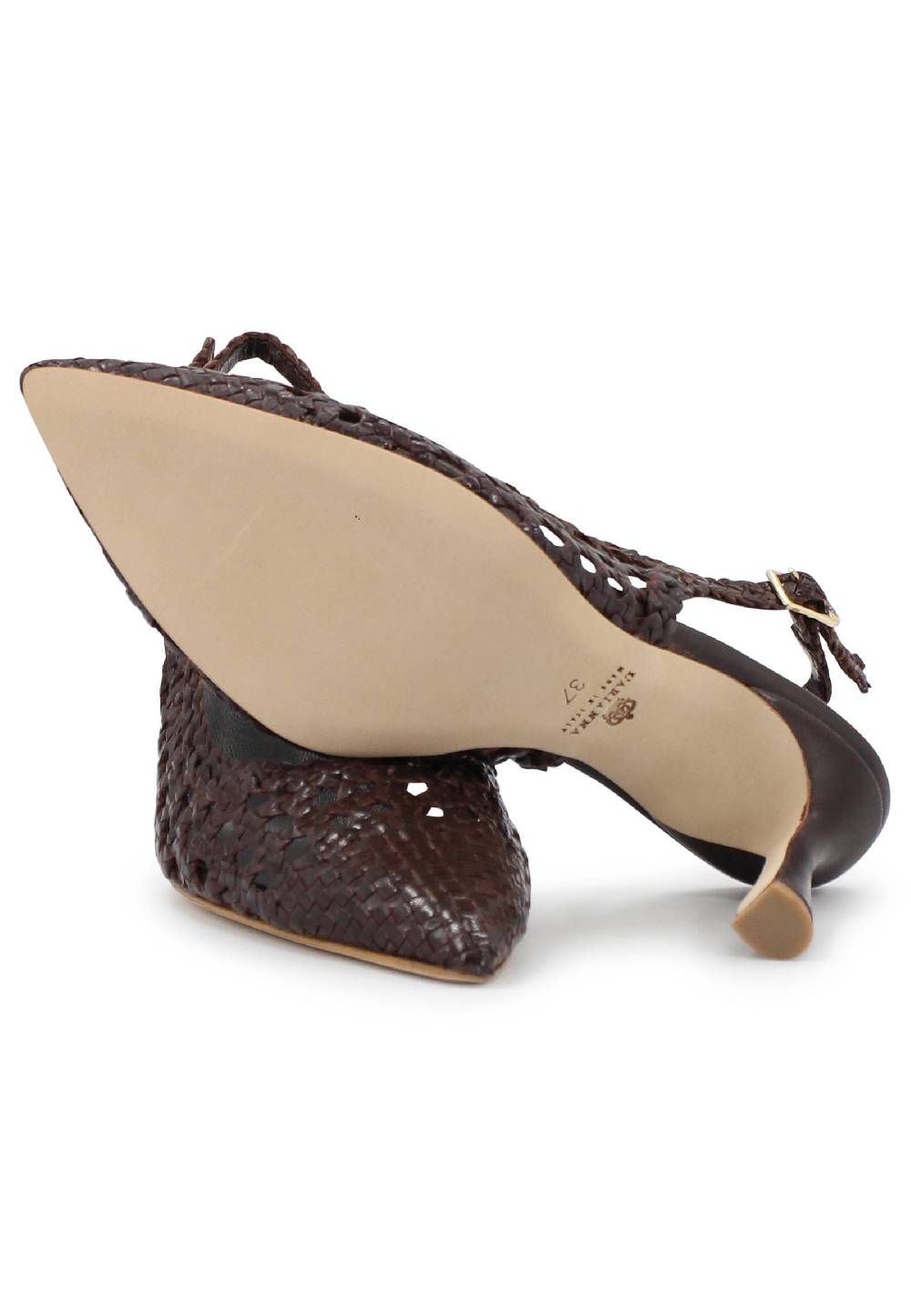 L'ARIANNA Decollete slingback in pelle intrecciata marrone tacco alto Italy