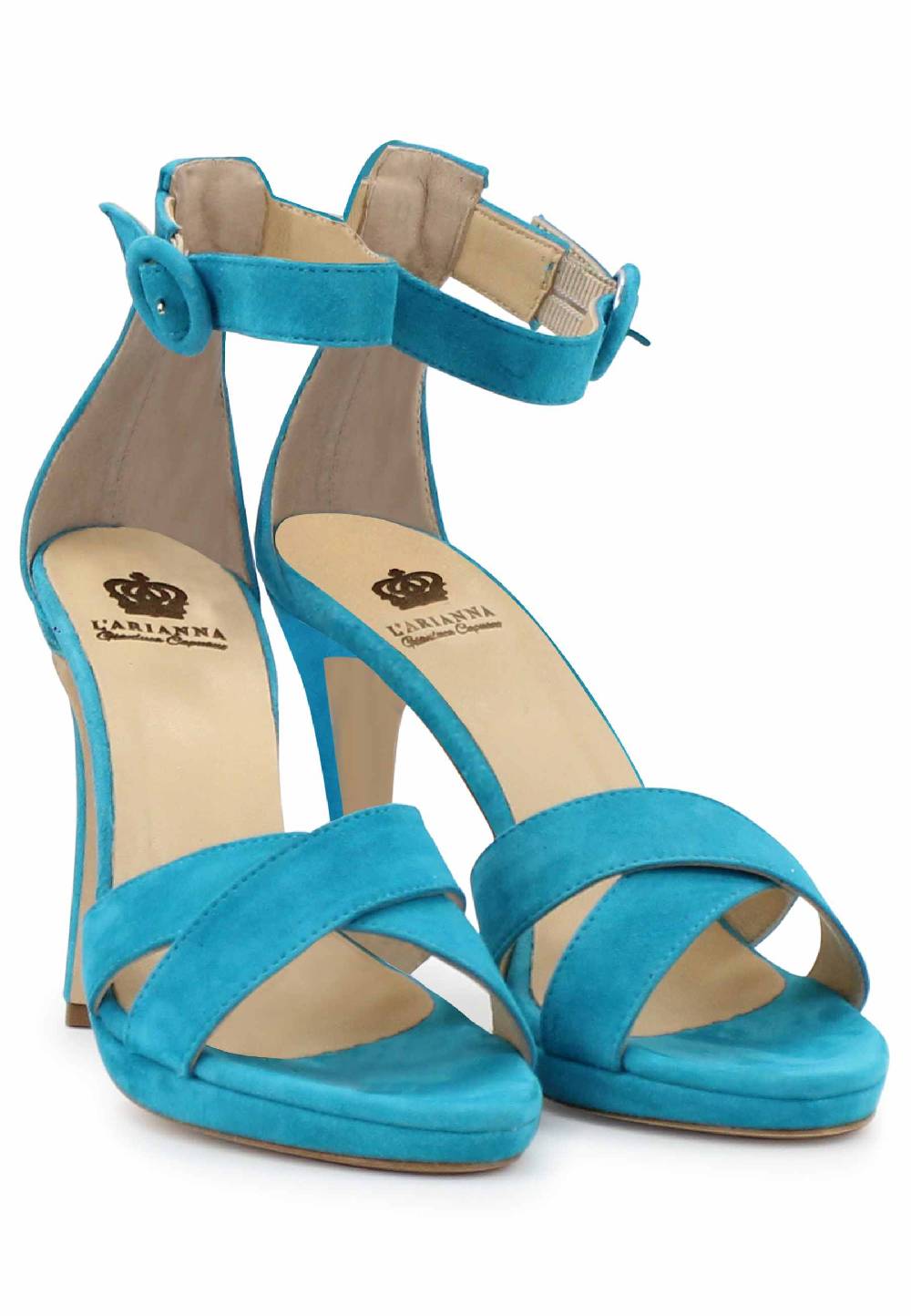 L'ARIANNA Sandali DS1507 donna in pelle azzurra con tacco alto e cinturino alla caviglia Italia