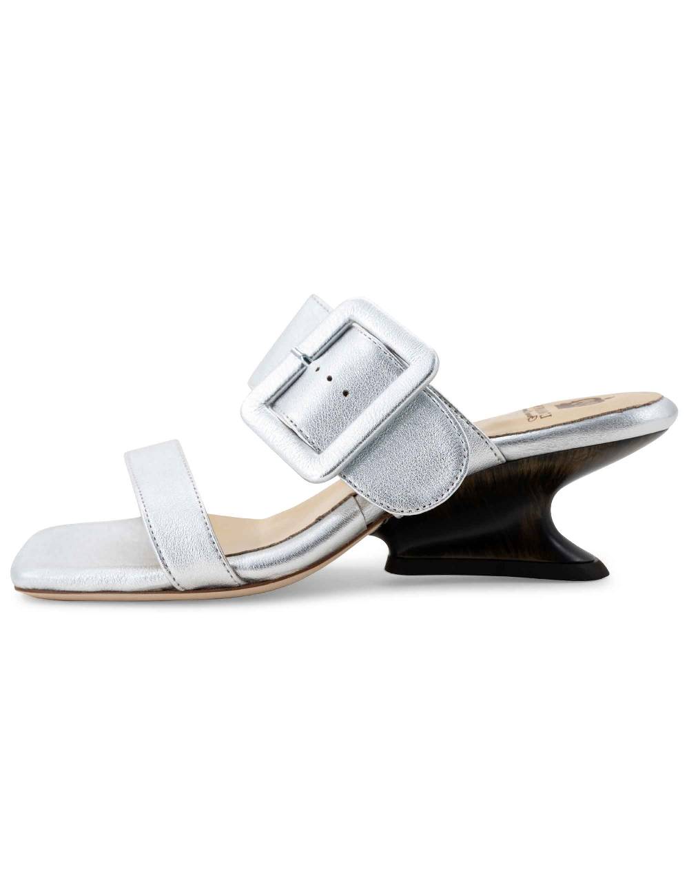 L'ARIANNA Sandali ds1359/z donna in pelle laminata argento con zeppa bassa Nuovo