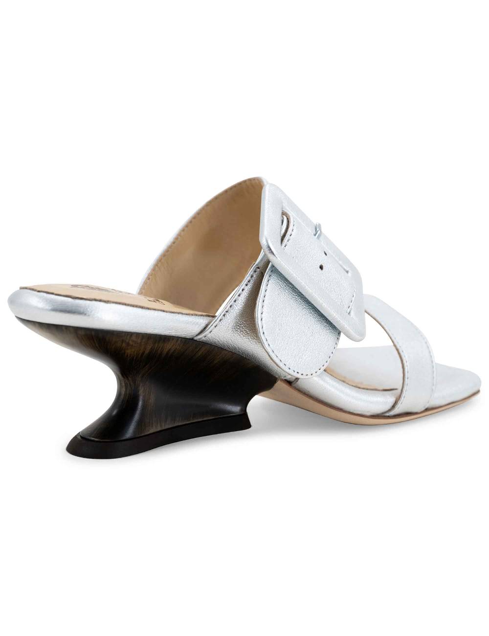 L'ARIANNA Sandali ds1359/z donna in pelle laminata argento con zeppa bassa Nuovo
