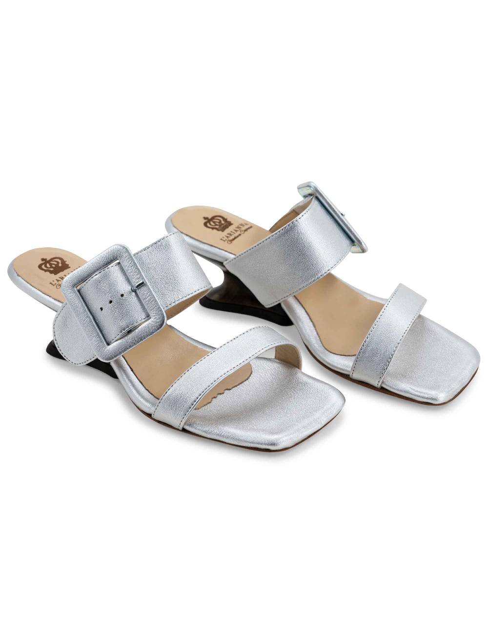 L'ARIANNA Sandali ds1359/z donna in pelle laminata argento con zeppa bassa Nuovo