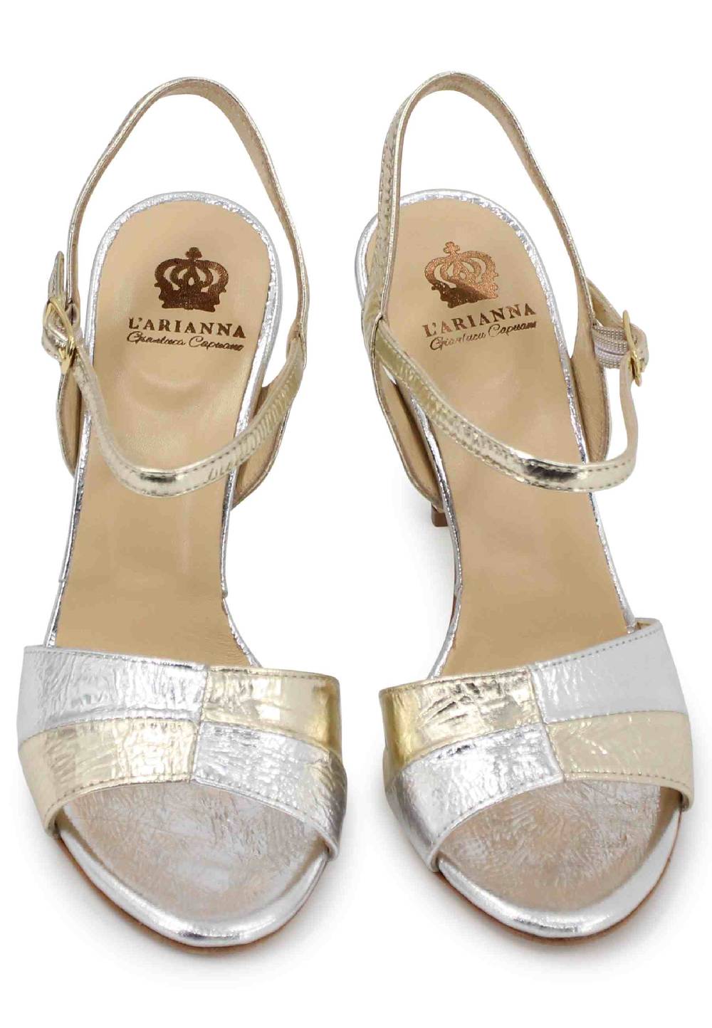 L'ARIANNA Sandali ds1643 da donna in pelle laminata oro con tacco alto e cinturino alla caviglia Promozione