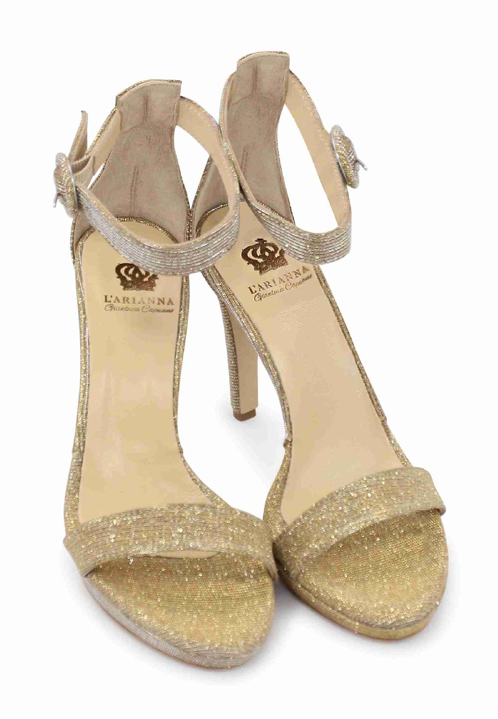 L'ARIANNA Sandali DS7016 donna in tessuto lumonor oro tacco alto e cinturino alla caviglia Spedizione Gratuita