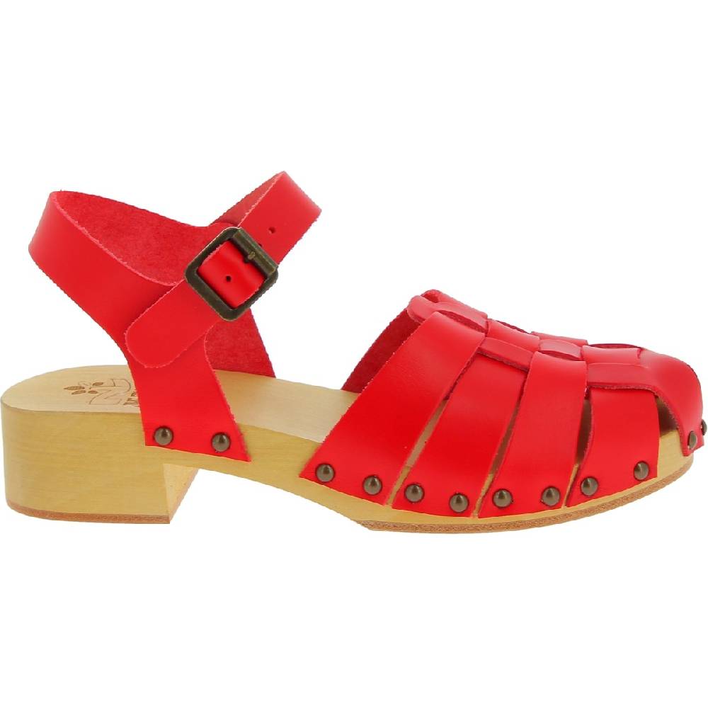 Lartigiano Del Cuoio Zoccoli da donna in legno artigianali con tomaia a gabbia in pelle rossa Moda