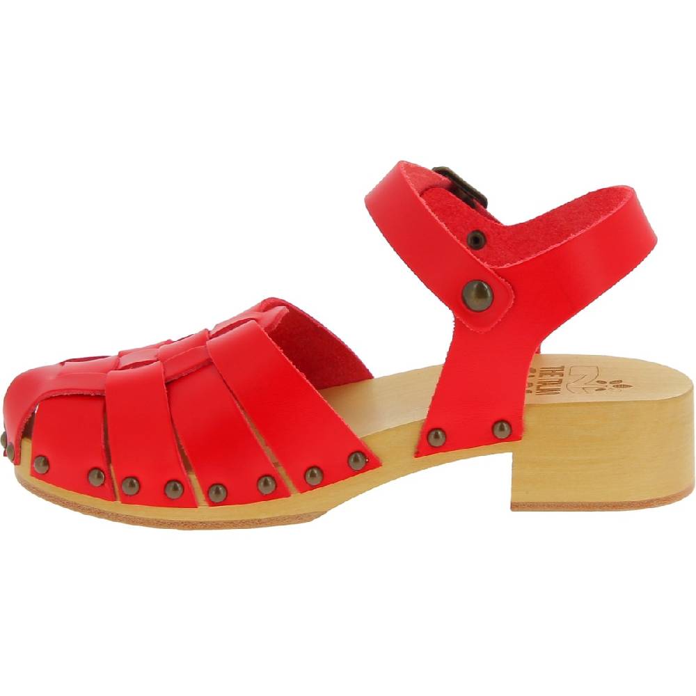 Lartigiano Del Cuoio Zoccoli da donna in legno artigianali con tomaia a gabbia in pelle rossa Moda
