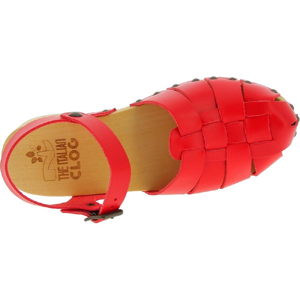 Lartigiano Del Cuoio Zoccoli da donna in legno artigianali con tomaia a gabbia in pelle rossa Moda