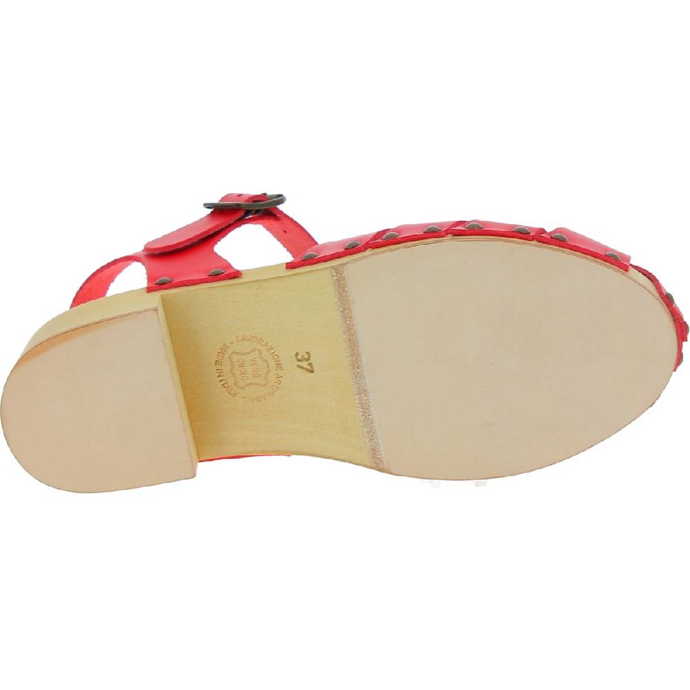 Lartigiano Del Cuoio Zoccoli da donna in legno artigianali con tomaia a gabbia in pelle rossa Moda