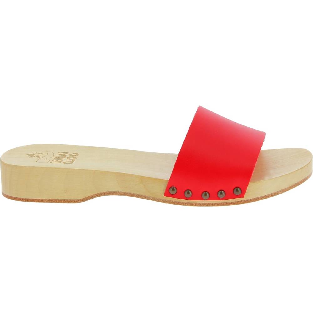 Lartigiano Del Cuoio Zoccoli di legno artigianali da uomo con fascia in pelle rossa Pezzi Unici