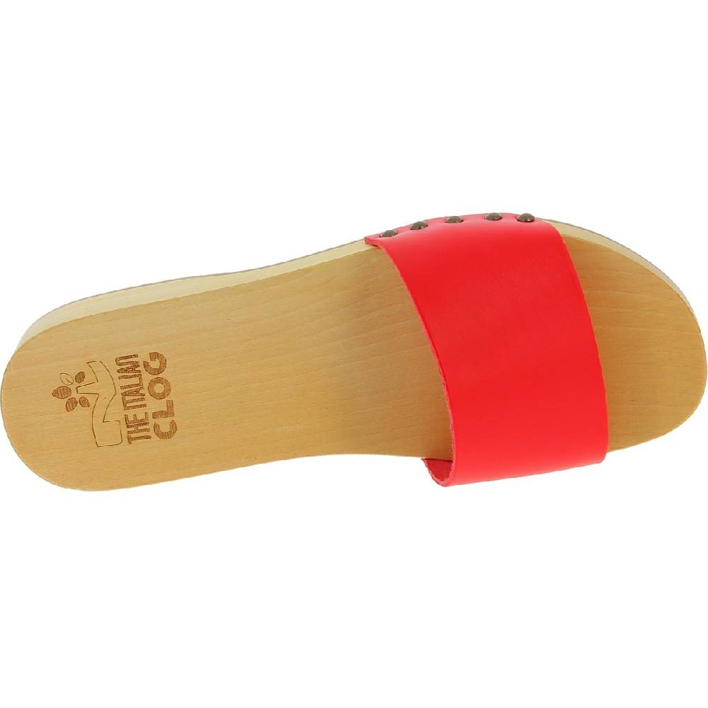 Lartigiano Del Cuoio Zoccoli di legno artigianali da uomo con fascia in pelle rossa Pezzi Unici