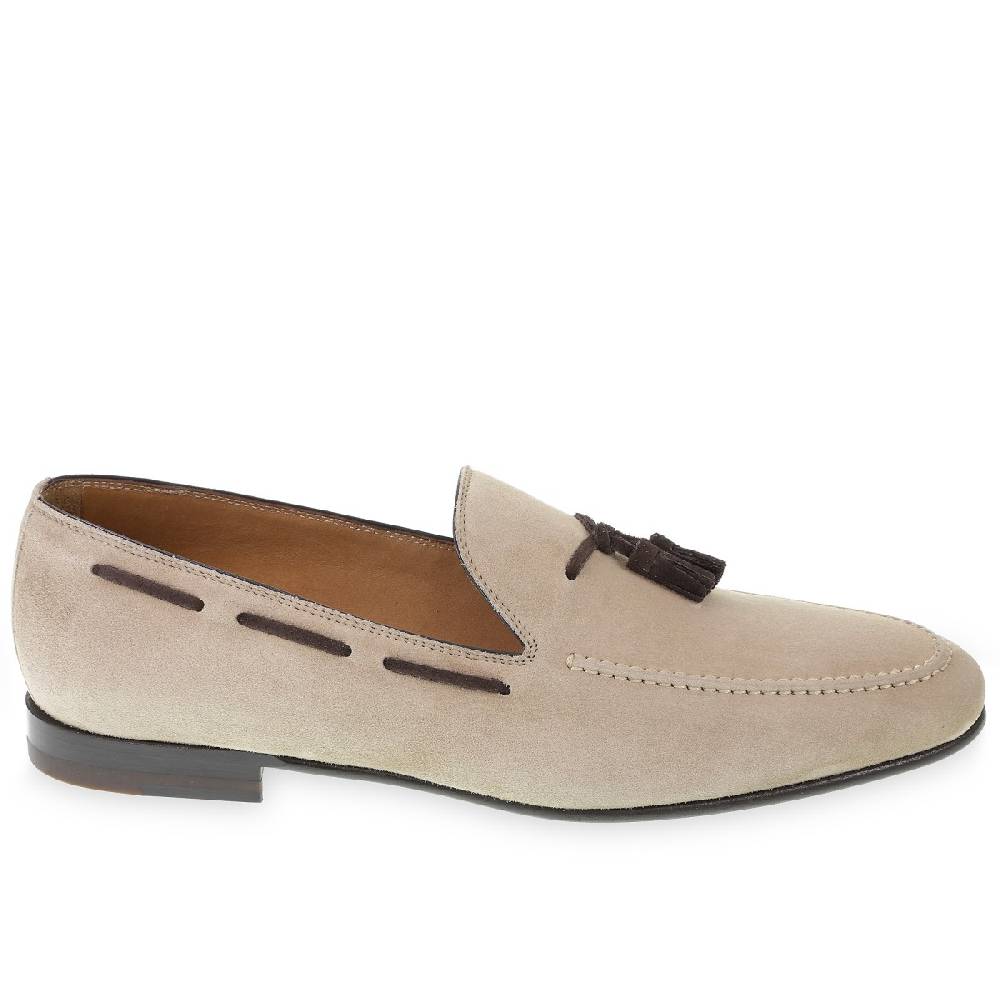 Lartigiano Del Cuoio Mocassino con nappine in pelle di camoscio beige fatto a mano da Fratelli Borgioli Consegna Veloce