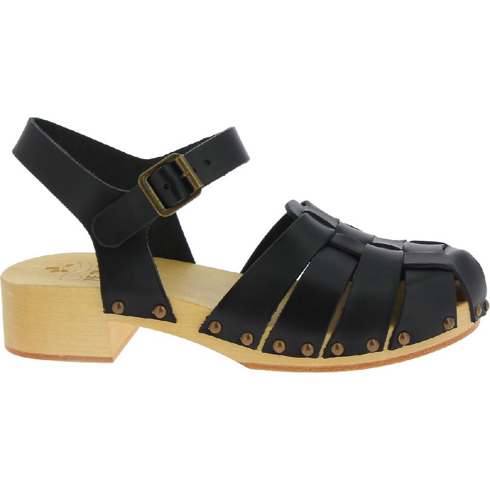 Lartigiano Del Cuoio Zoccoli in legno artigianali da donna con tomaia a gabbia in pelle nera Novità