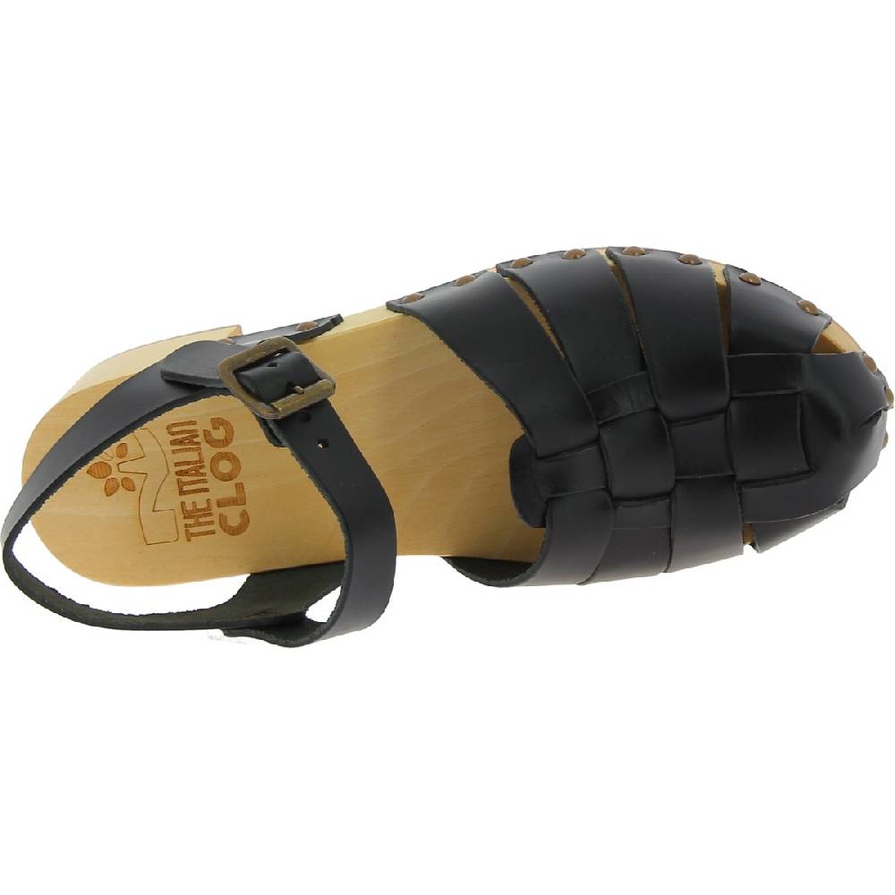 Lartigiano Del Cuoio Zoccoli in legno artigianali da donna con tomaia a gabbia in pelle nera Novità