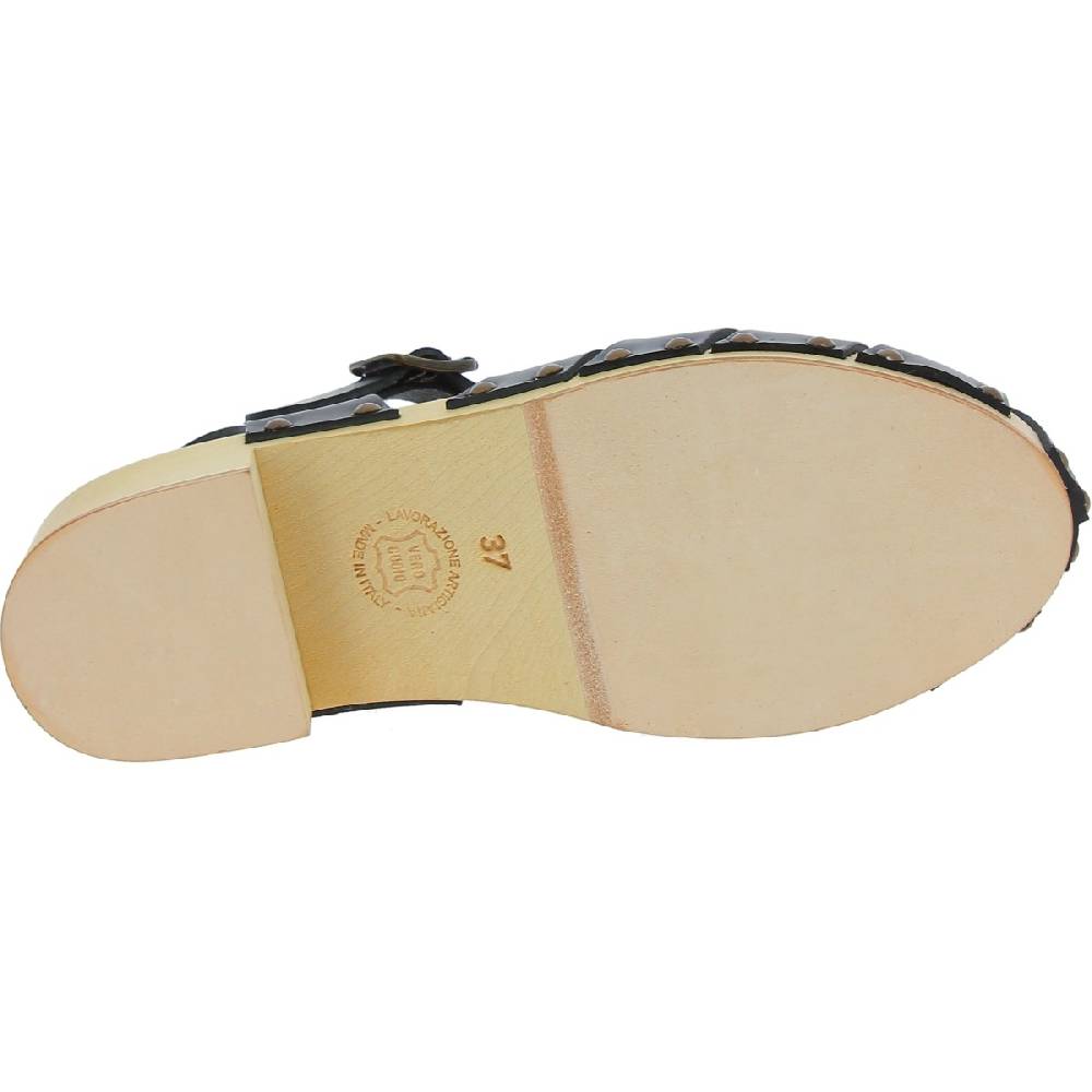 Lartigiano Del Cuoio Zoccoli in legno artigianali da donna con tomaia a gabbia in pelle nera Novità