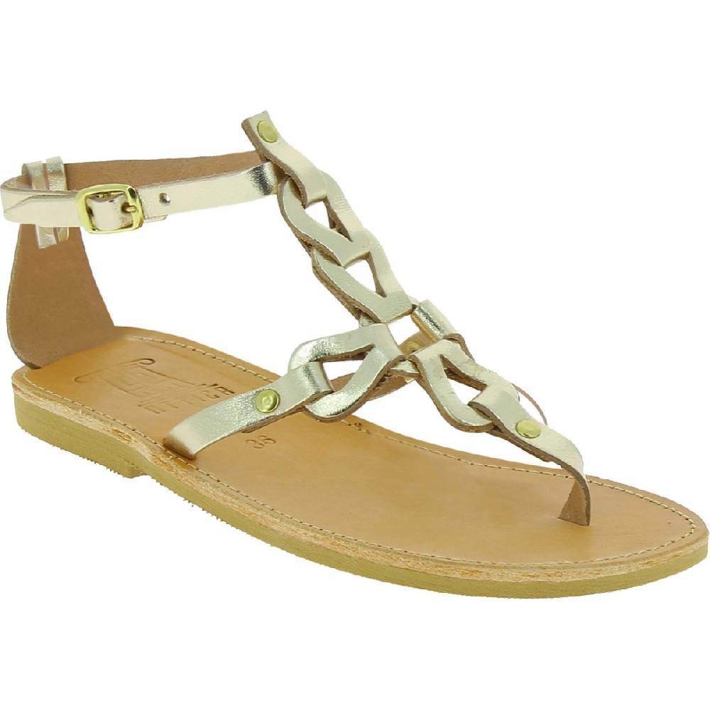 Lartigiano Del Cuoio Sandali infradito da donna con lacci incrociati fatti a mano in pelle di vitello laminata oro