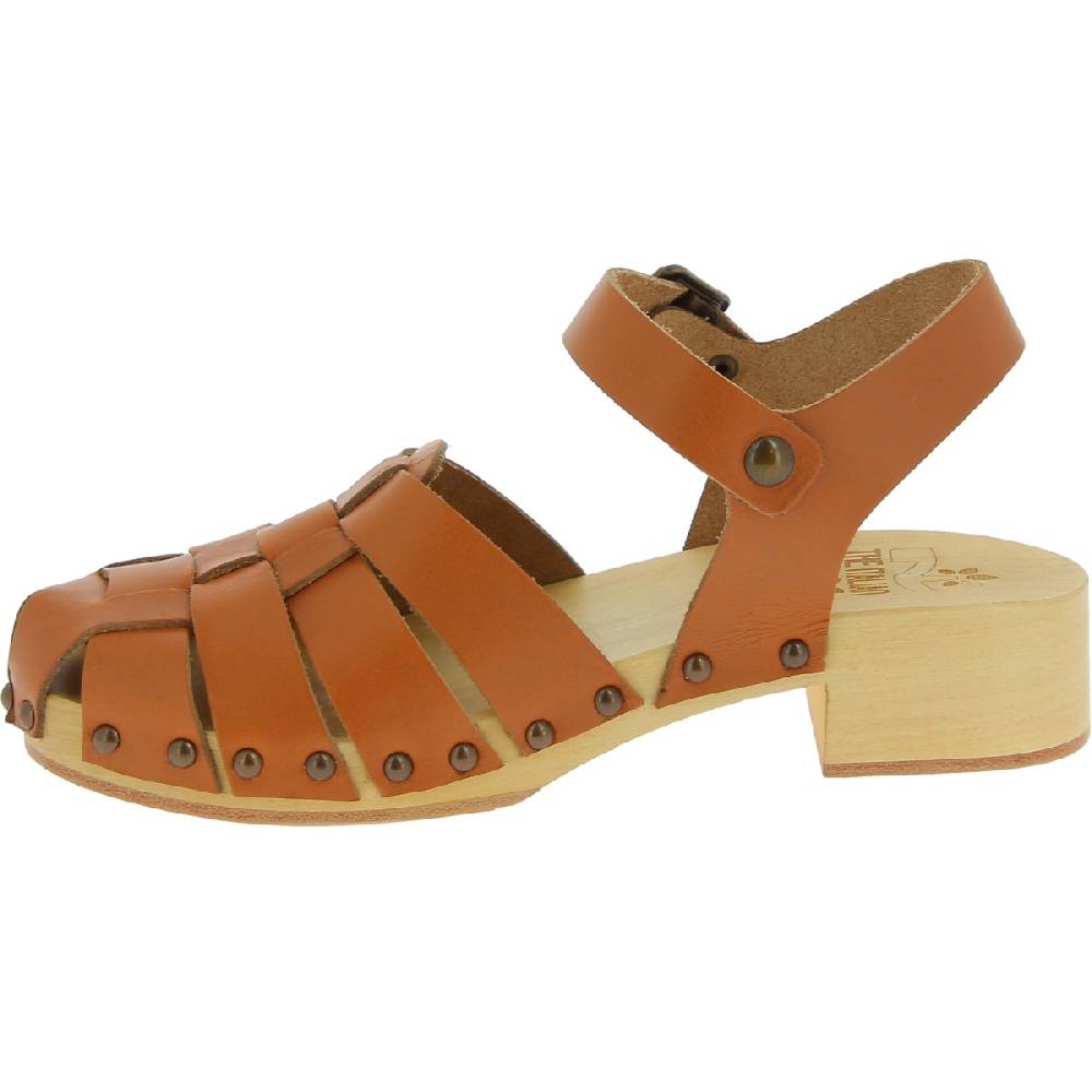 Lartigiano Del Cuoio Zoccoli donna in legno artigianali con tomaia a gabbia in pelle color cuoio Vendita Economica