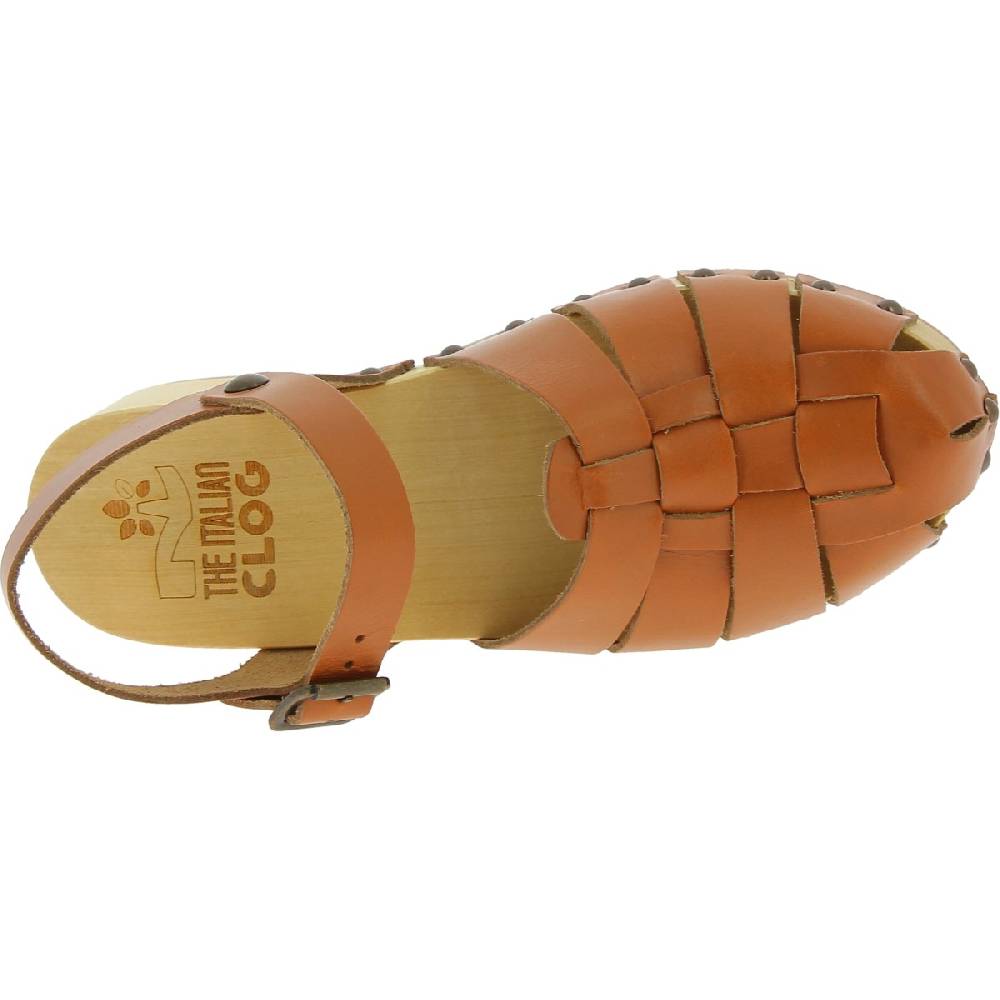 Lartigiano Del Cuoio Zoccoli donna in legno artigianali con tomaia a gabbia in pelle color cuoio Vendita Economica