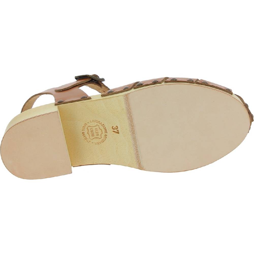 Lartigiano Del Cuoio Zoccoli donna in legno artigianali con tomaia a gabbia in pelle color cuoio Vendita Economica