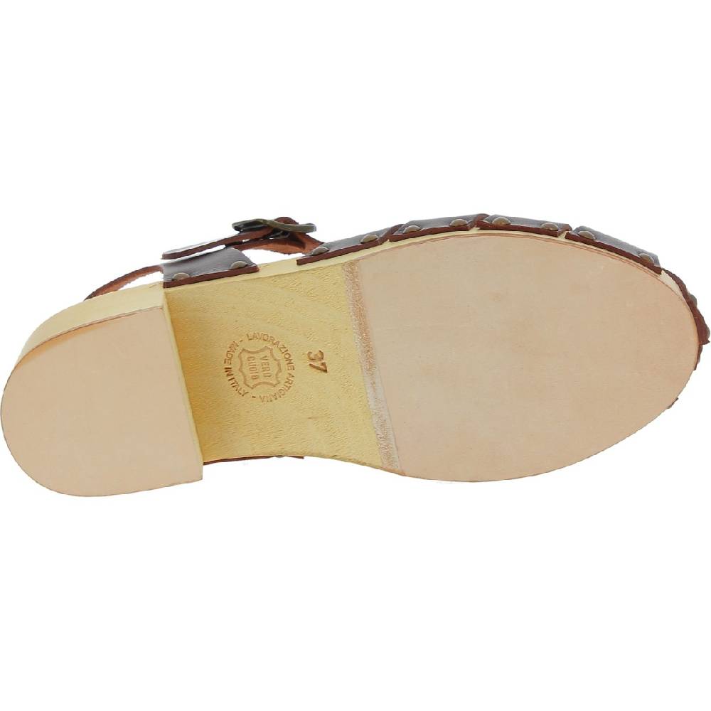 Lartigiano Del Cuoio Zoccoli donna artigianali in legno con tomaia a gabbia in pelle testa di moro Nuova