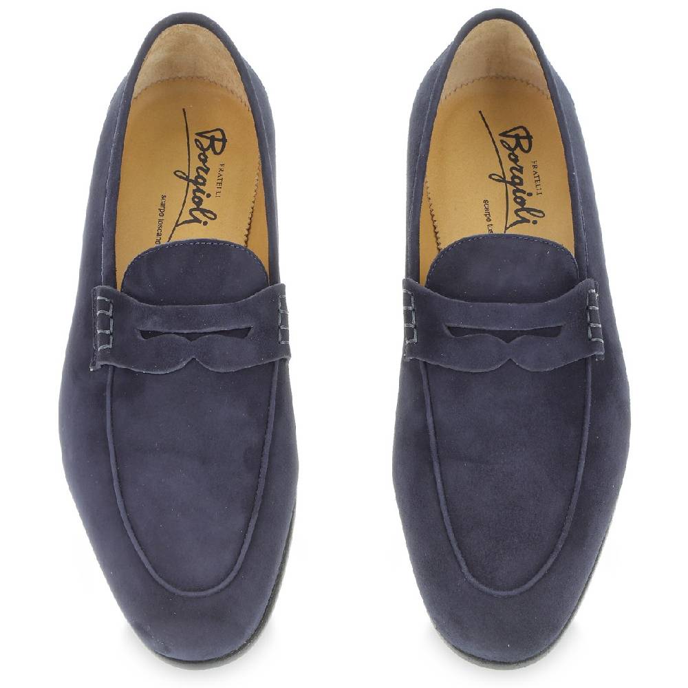 Lartigiano Del Cuoio Mocassino penny in camoscio blu fatto a mano da Fratelli Borgioli Outlet