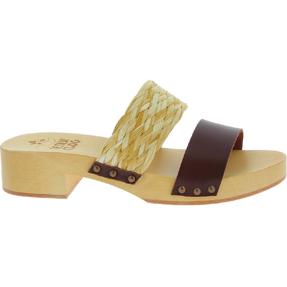 Lartigiano Del Cuoio Sabot in legno da donna artigianali con fascia in rafia e pelle testa di moro Qualità