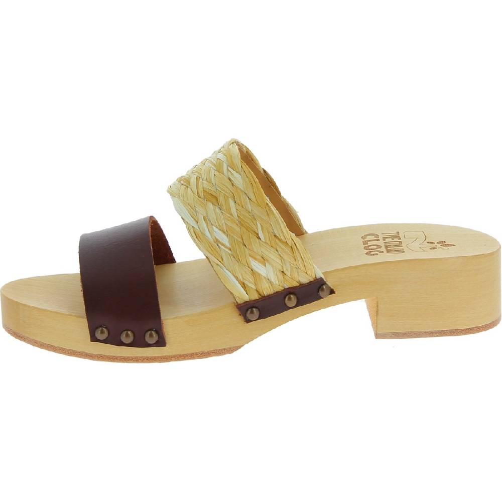 Lartigiano Del Cuoio Sabot in legno da donna artigianali con fascia in rafia e pelle testa di moro Qualità