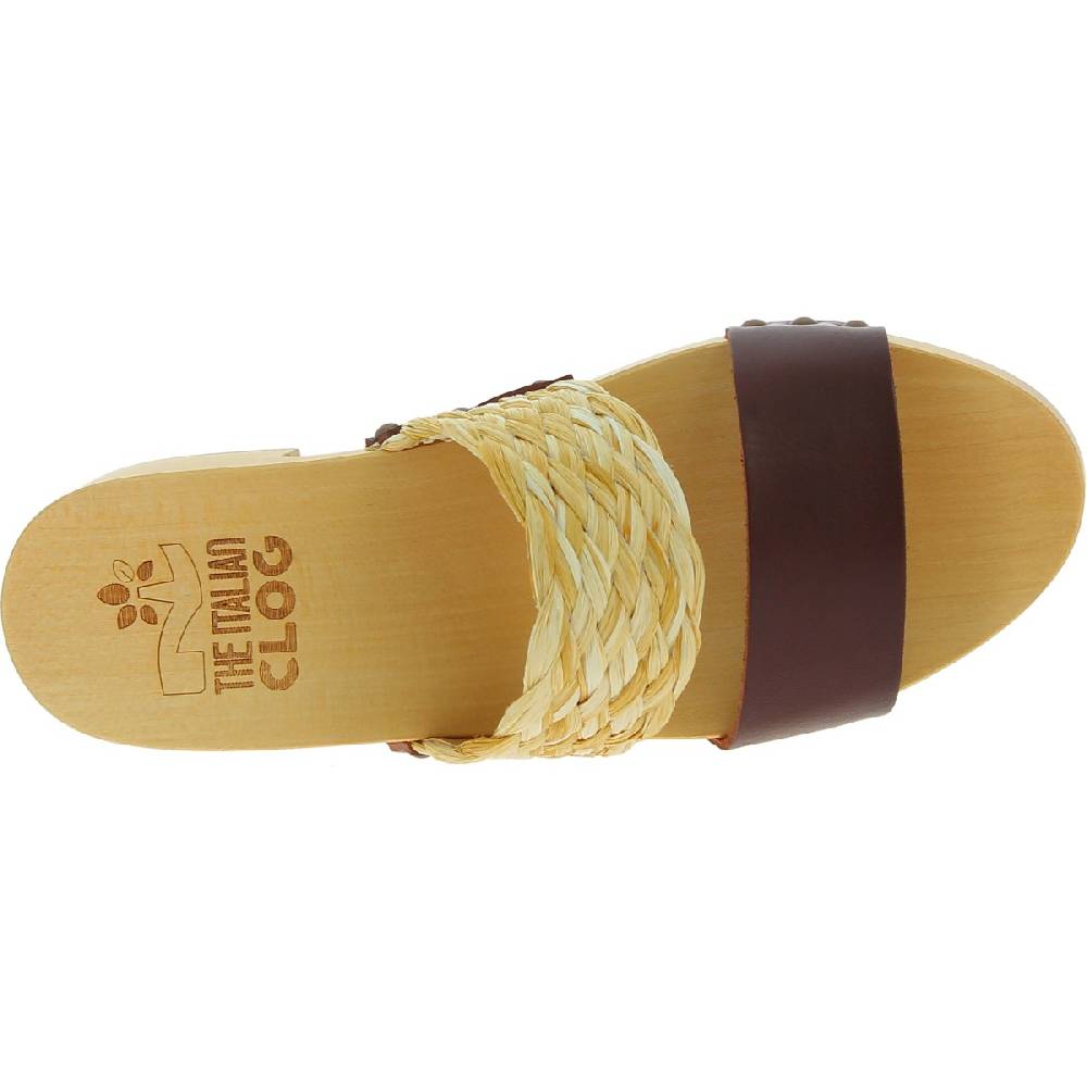Lartigiano Del Cuoio Sabot in legno da donna artigianali con fascia in rafia e pelle testa di moro Qualità