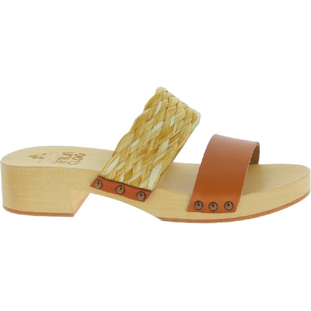 Lartigiano Del Cuoio Sabot in legno da donna artigianali con fascia in rafia e pelle color cuoio Acquista Ora