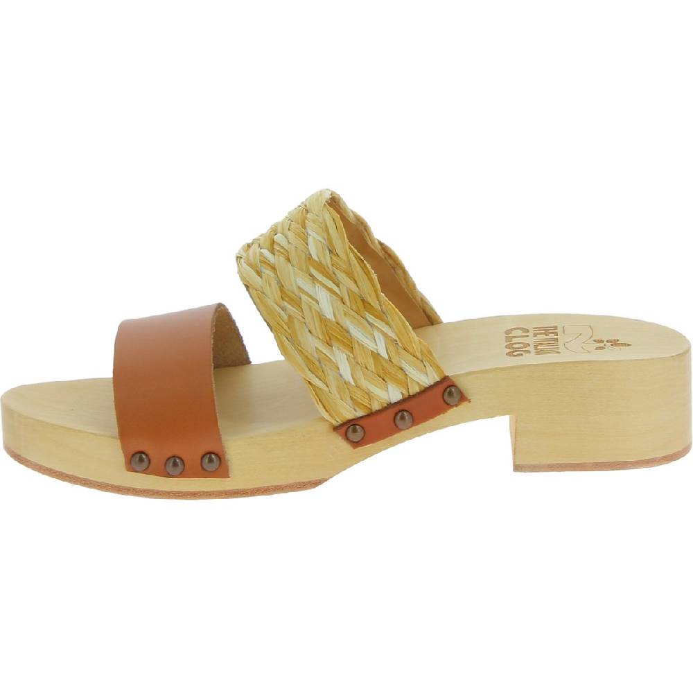 Lartigiano Del Cuoio Sabot in legno da donna artigianali con fascia in rafia e pelle color cuoio Acquista Ora