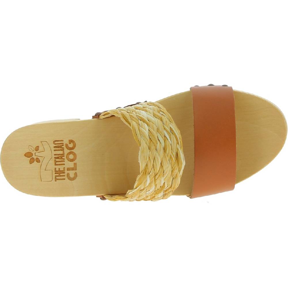 Lartigiano Del Cuoio Sabot in legno da donna artigianali con fascia in rafia e pelle color cuoio Acquista Ora
