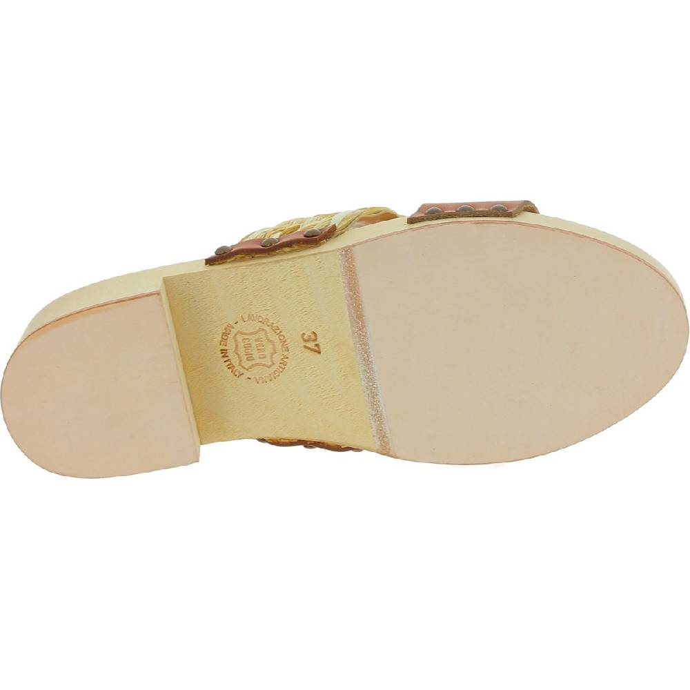 Lartigiano Del Cuoio Sabot in legno da donna artigianali con fascia in rafia e pelle color cuoio Acquista Ora