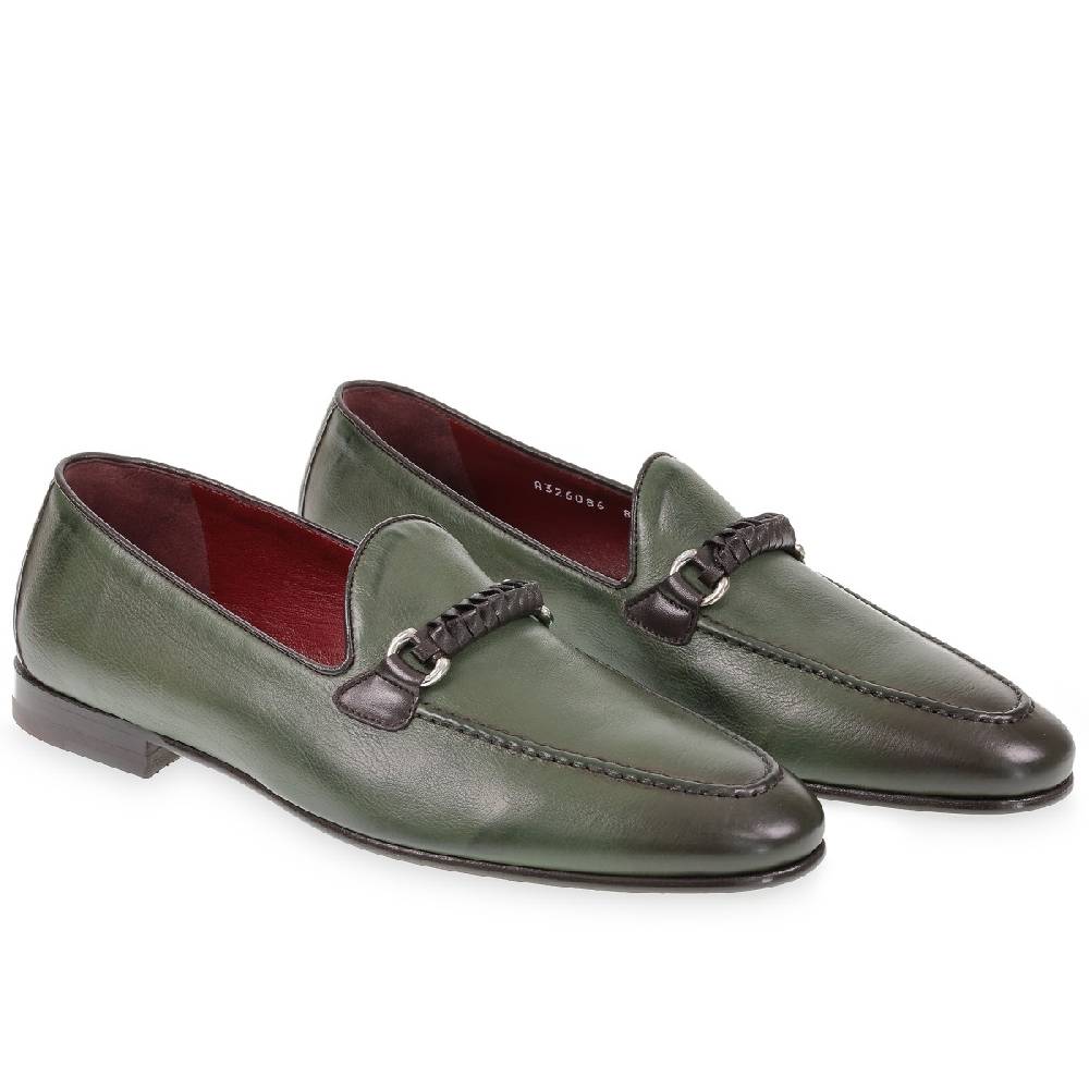 Lartigiano Del Cuoio Mocassino da uomo in pelle verde con passante intrecciato Sconto