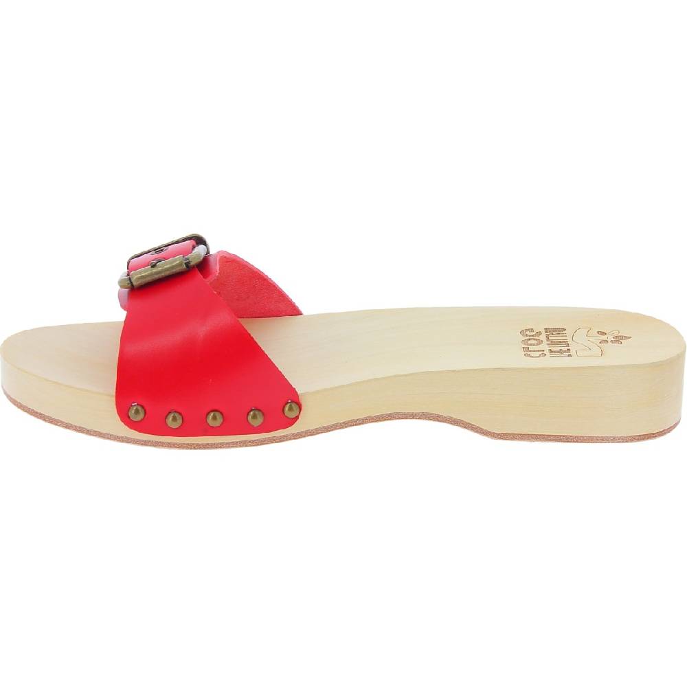 Lartigiano Del Cuoio Zoccoli di legno artigianali da uomo con fascia regolabile in pelle rossa Vendite Flash